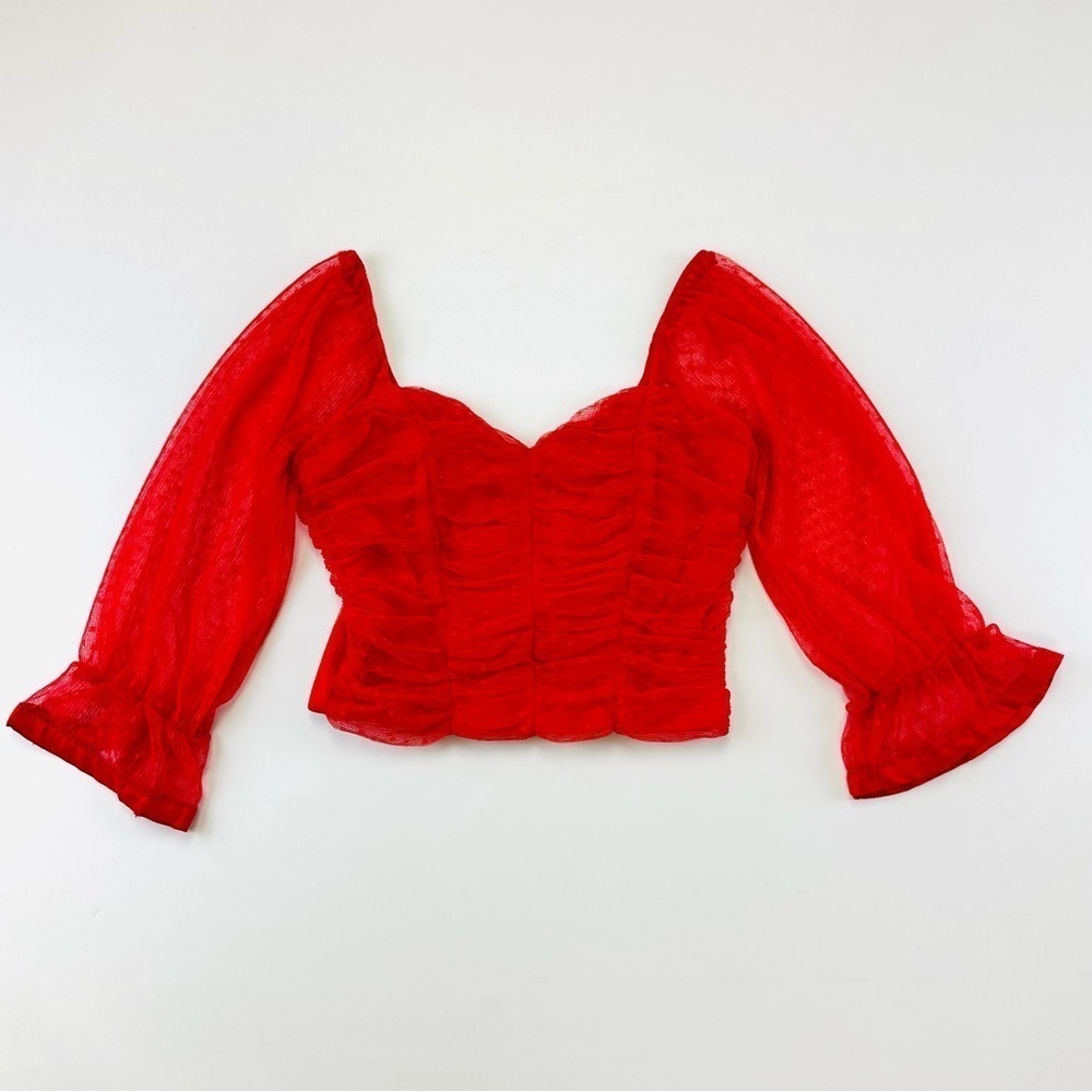 Haute Mode red polkadot sheer cropped ruched mesh blouse Small Coquette Girl